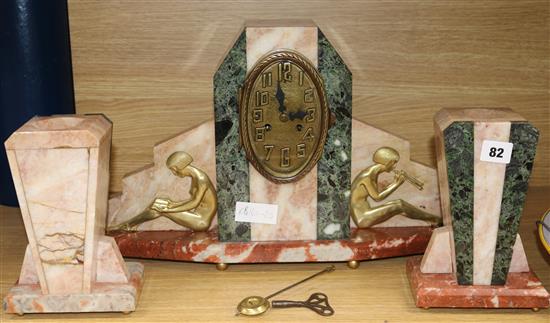 An Art Deco marble clock garniture height 30cm